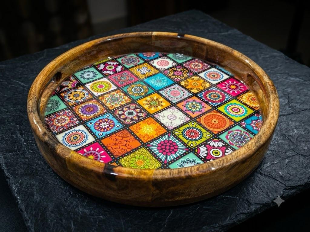 Round Mango Wood Tray with Mandala Tile Resin Art