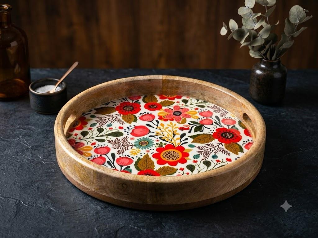 Round Mango Wood Serving Tray with Red Floral Resin Art