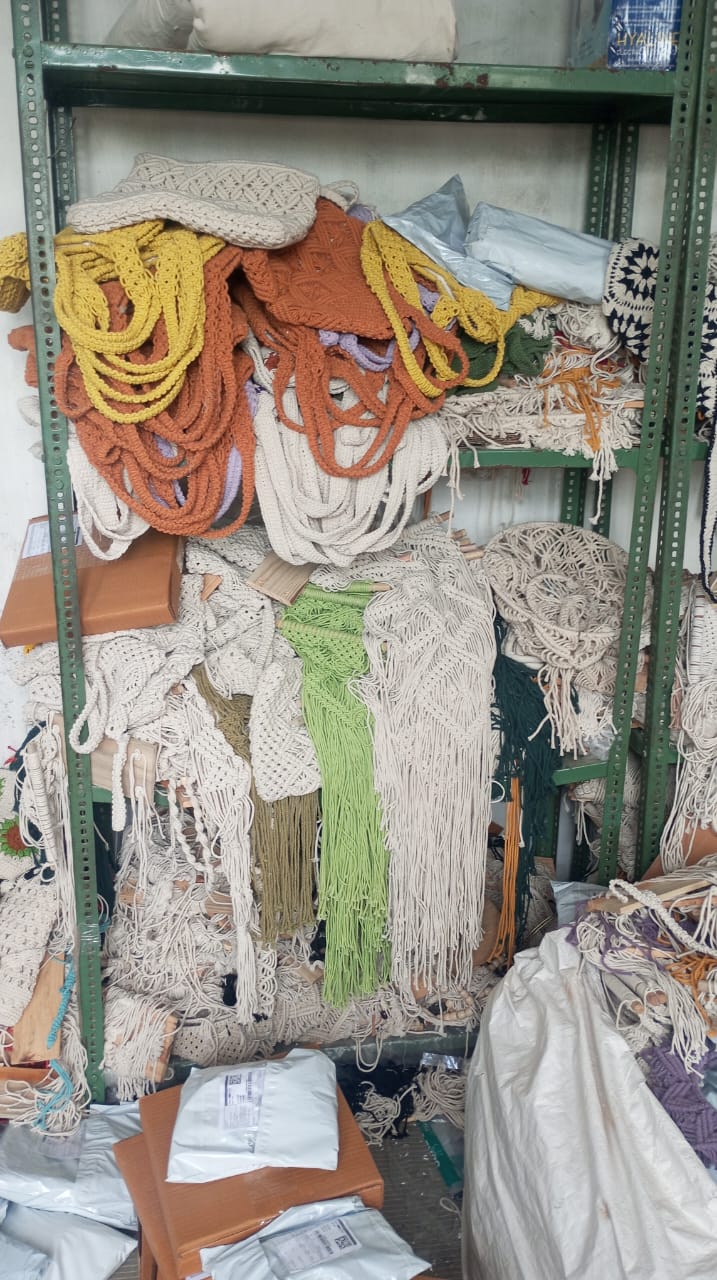 Finished Macrame Wall Hangings, Bags & Dispatch Packaging Station